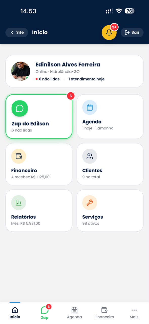 Painel do prestador: zap, agenda, financeiro, clientes, relatórios e serviços